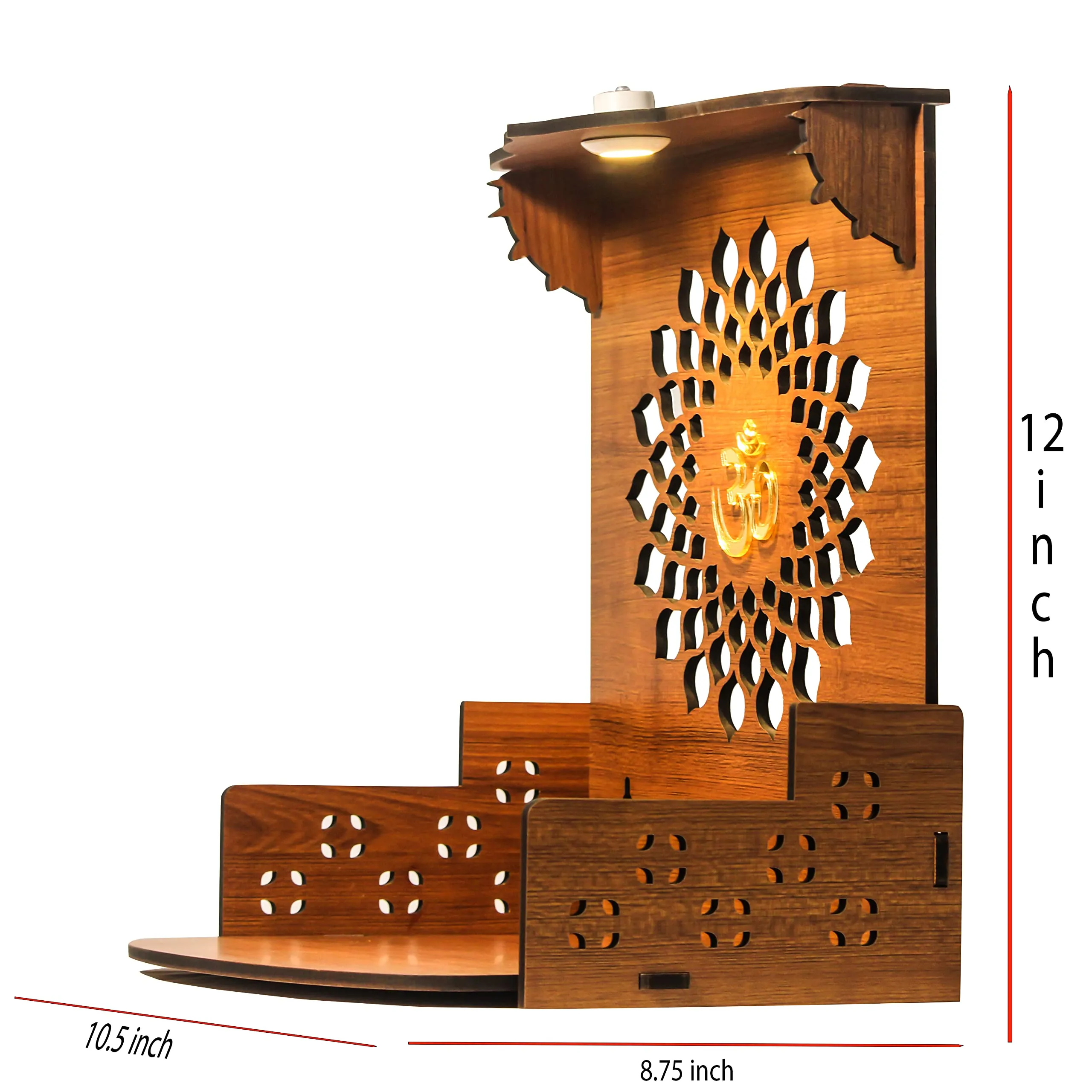 Heartily Aura Beautiful Wooden Pooja Stand Mandir for Home Temple for Office Puja Mandir for Home Wall with LED Spot Light Product (Height- 12, Depth- 8.6, Width-10.5 Inch) (Brown)